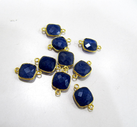 Set Of 5 Pcs Natural Blue Sapphire cushion shape 10 mm briolette Gold  plated bezel connector , Sold per Pieces, Jewelry making bezal connectors