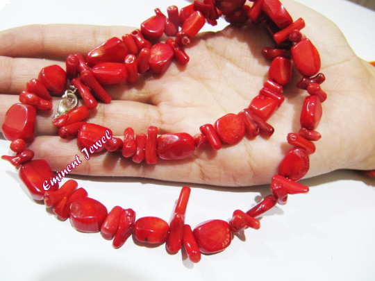 Beautiful Red Stick And Tumbled Coral Beads / Branch Coral Beads,Strand 20  inch. long,Italian Red