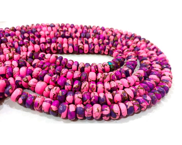 Natural Pink Calcite and Purple Copper Turquoise Rondelle Plain Beads Sold  Per Strand 8 Inches Long